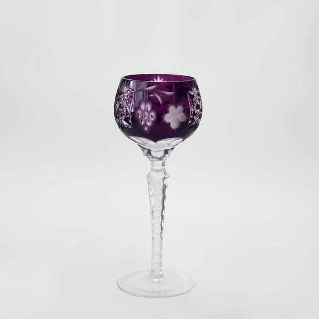 Pair Of Antique Bohemian Floral & Grape Cut To Clear Crystal Tall Wine Stem Glasses: 1 Amethyst, 1 Cranberry C1910...