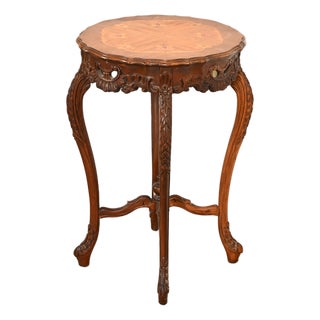 Romweber Style French Provincial Louis XV Carved Walnut and Satinwood Inlaid Marquetry Side Table, Circa 1930s For Sale