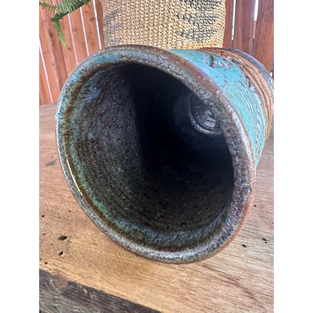 Handbuilt Textured Ceramic Vase: Green Brown Glaze Studio Pottery Sculpture For Sale - Image 12 of 12