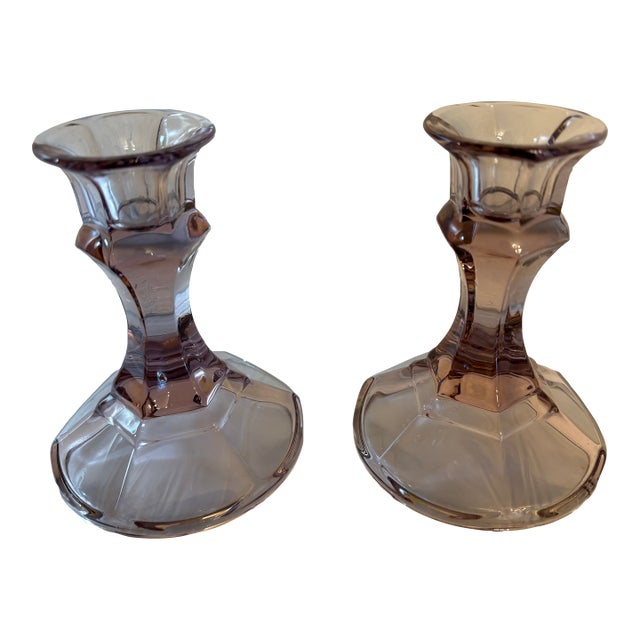 Amethyst Vintage Glass Candle Holders - A Pair For Sale