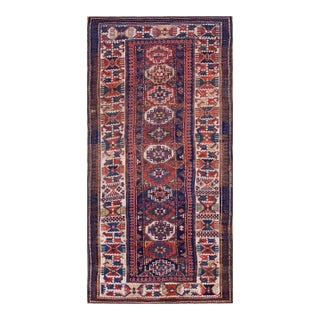 1880s Blue Geometric Tribal Antique Caucasian Kazak Rug 4' 6'' X 9' 3'' Knotted Wool Carpet For Sale