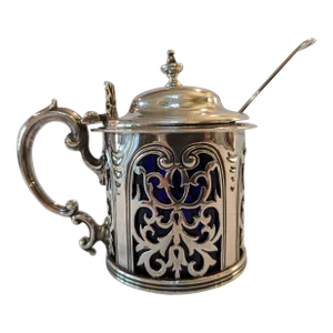 London Antique Sterling Silver Filigree Mustard Pot With Spoon, No Monograms