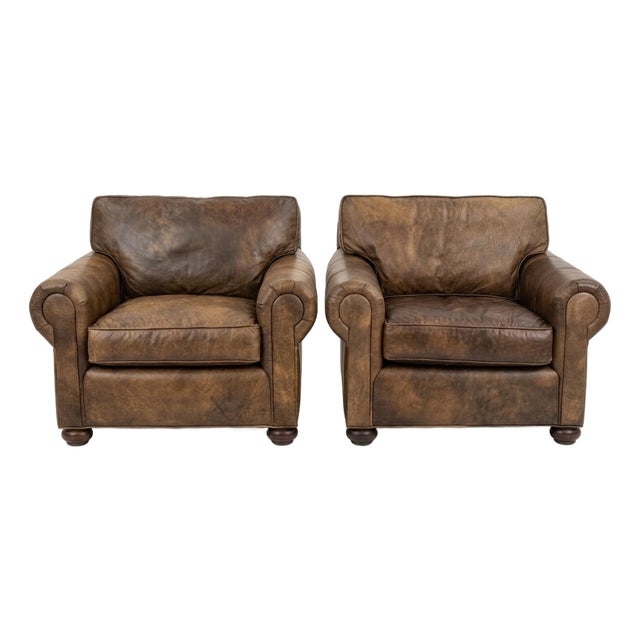 Restoration Hardware Lancaster Classic Brown Leather Luxe Depth Club Chairs For Sale