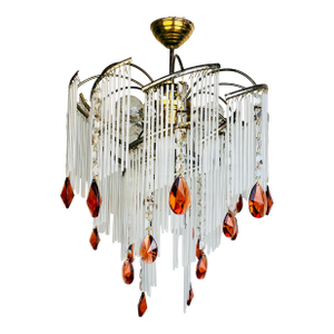 1980s Vintage Milk Glass Flush Mount Chandelier With Amber Crystal Drops