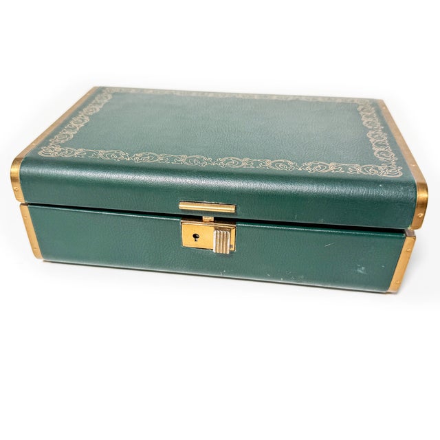 Mid-Century Modern Vintage Mid Century Emerald Green Jewelry Box With Gold Filigree & Veltvet / Satin Interior For Sale - Image 3 of 3