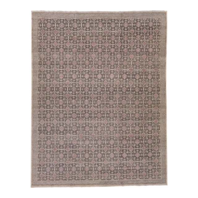 Allover Geometric Modern Khotan Style Wool Rug Handmade in Gray For Sale