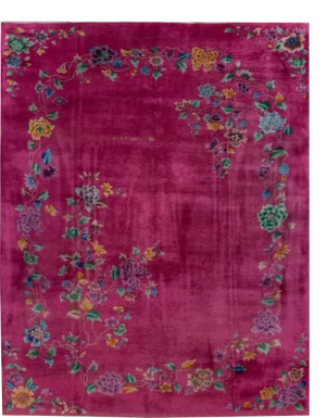 Pink Antique Art Deco Chinese Handmade Floral Wool Rug
