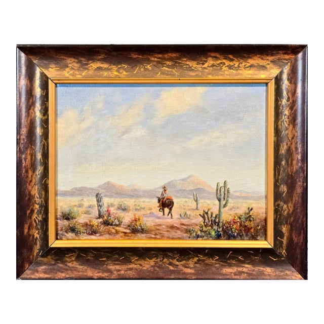 Herbert Sartelle- Mexican on a Donkey Crossing the Sonora Desert -1930s Oil Painting For Sale