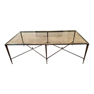 Vintage Maison Jansen Style Neoclassical Iron & Glass Coffee Table With Pinecone Finials For Sale