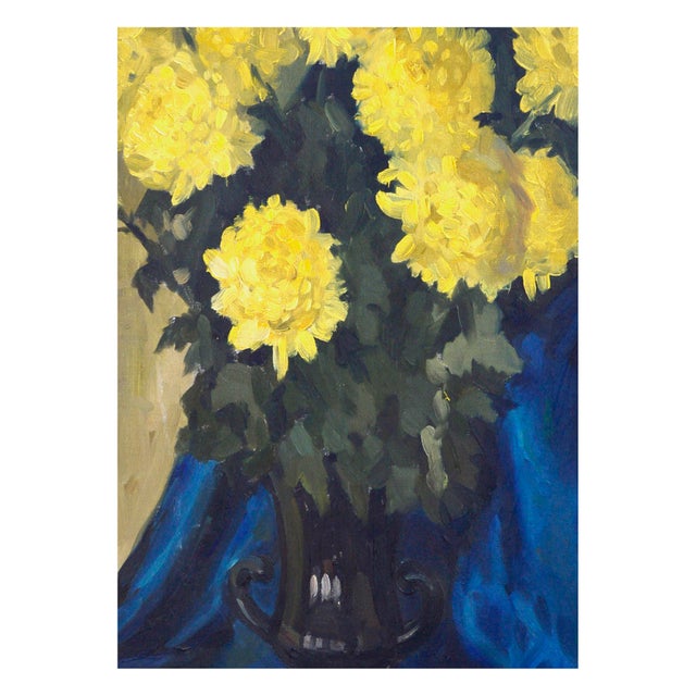 1950s Yellow Mums With Blue Drape - Mid Century Floral Still Life by Antoni For Sale - Image 5 of 9