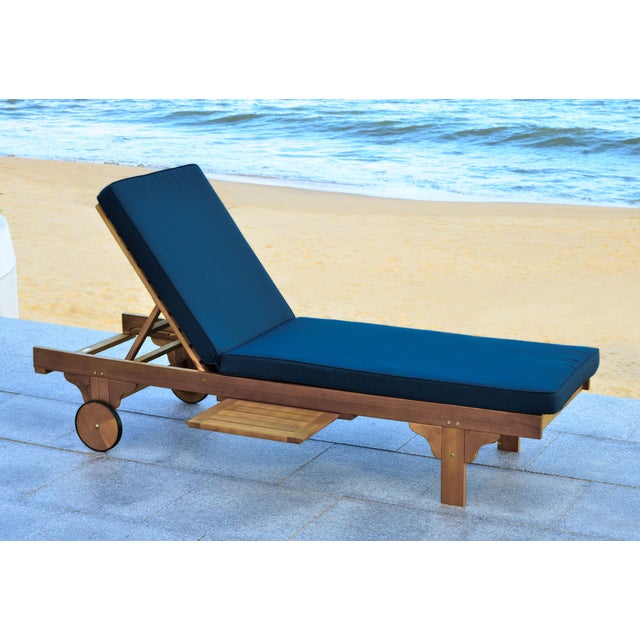 Newport Chaise Lounge Chair with Side Table, Natural/Navy Cushion For Sale - Image 9 of 10