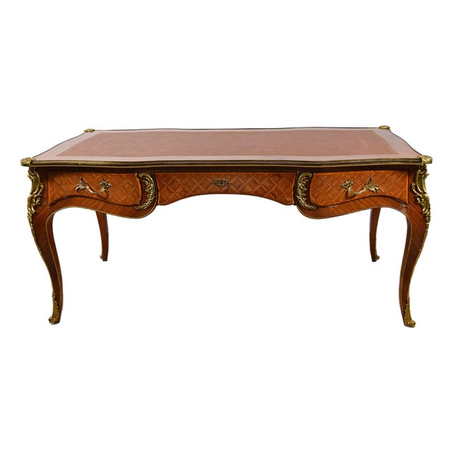 Early 20th Century Fine French Louis XVI Style Marquetry Executive Desk With Leather Top For Sale