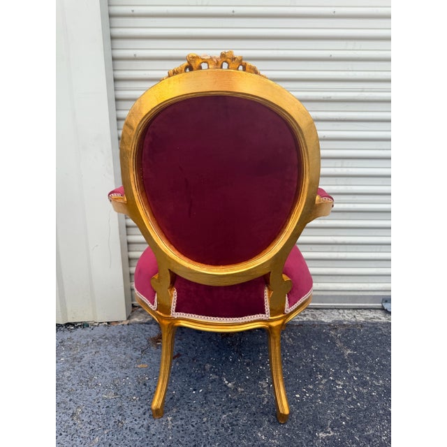 Wood Vintage Set of 2 Louis XVI Armchairs, Hand-Carved Gilded Frame, Velvet Upholstery For Sale - Image 7 of 8