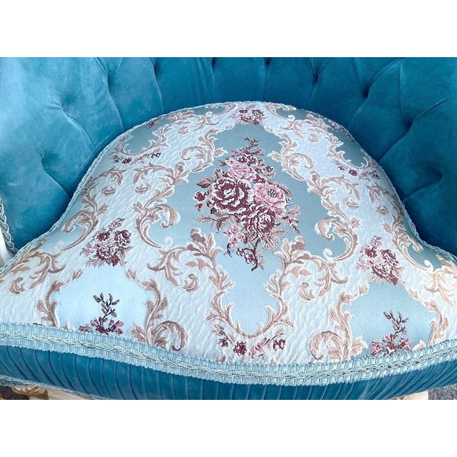 French 1970s French Louis XVI Turquoise Velvet Bergères Pair For Sale - Image 3 of 6