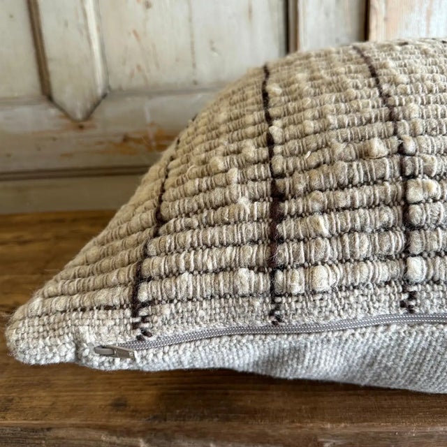 Feliz Handmade Organic Wool Pillow With Heavy Texture Brown Lines With Insert For Sale - Image 4 of 7