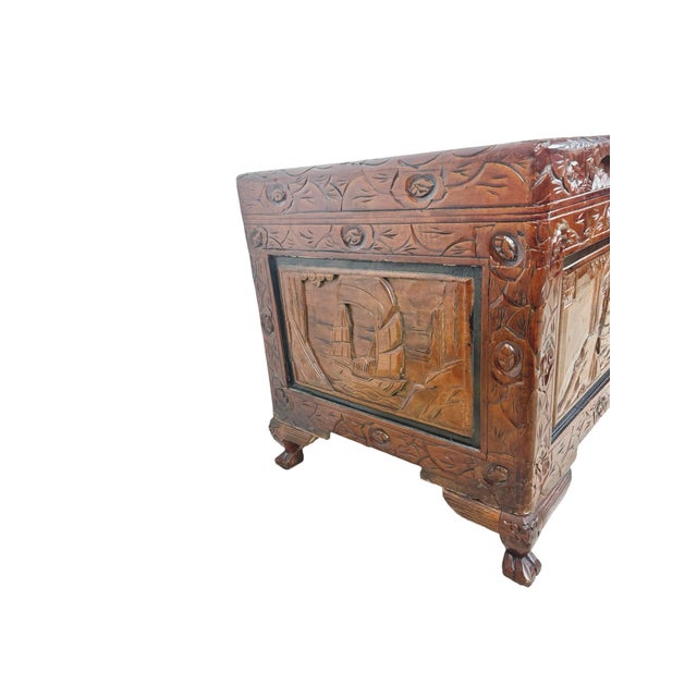 Vintage Asian Carved Wood Storage Chest With Figural Relief Panels For Sale - Image 15 of 18