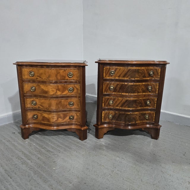 Excellent quality solid mahogany serpentine near pair of four drawer bedside lamp chests of drawers, brass ring handles....