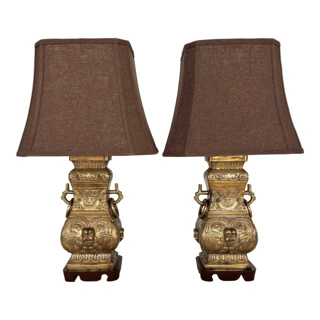 Vintage Pair Asian Archaic Brass Urn Lamps James Mont Style With Linen Shades For Sale