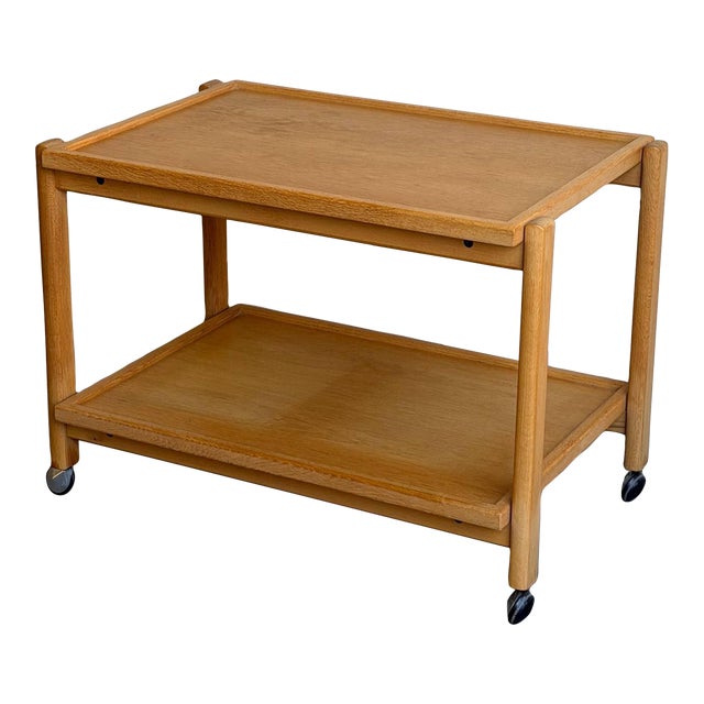 Vintage Danish Rolling Bar Cart - Mid Century Modern Oak Serving Trolley on Casters 1960s For Sale