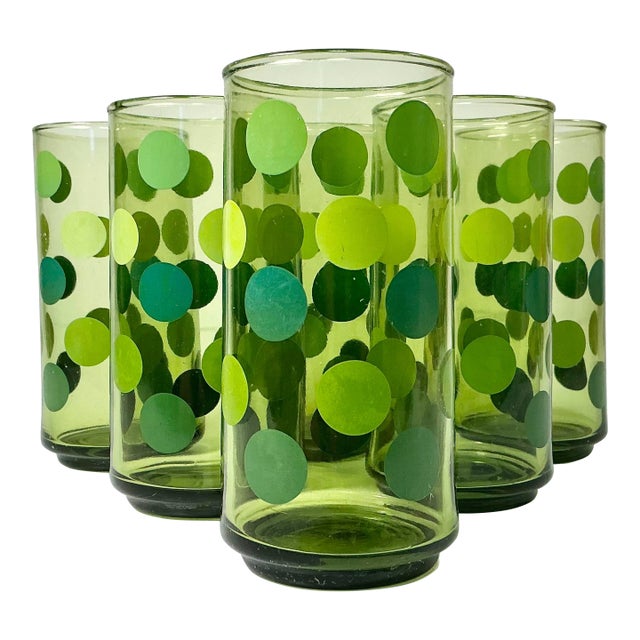 Mid 20th Century Boho Chic Modern Olive Polka Dot Tumbler Glassware - Set of 6. For Sale