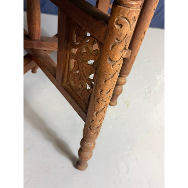 Brown Antique Anglo-Indian Benares Brass Tray Table with Hand-Carved Folding Wooden Base, 1910 For Sale - Image 8 of 15