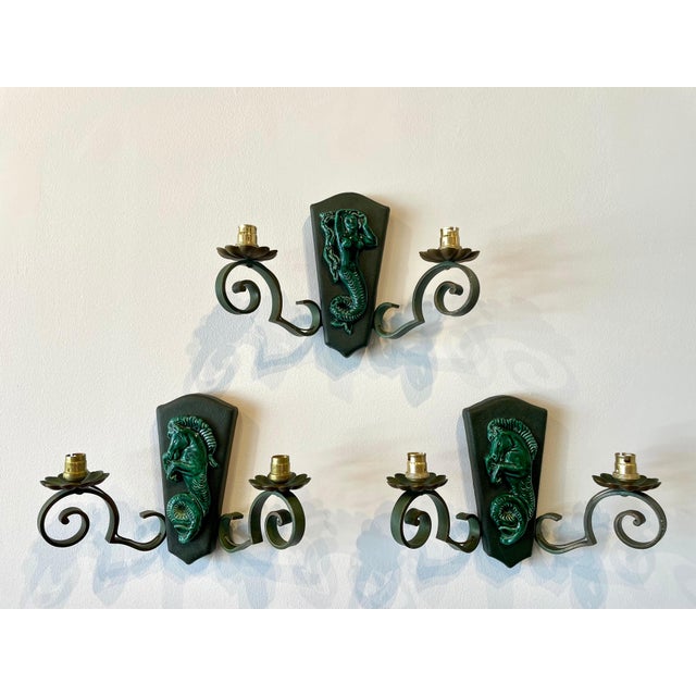 French Ceramic and Iron Trio of Wall Sconces - Set of 3 For Sale In New York - Image 6 of 17