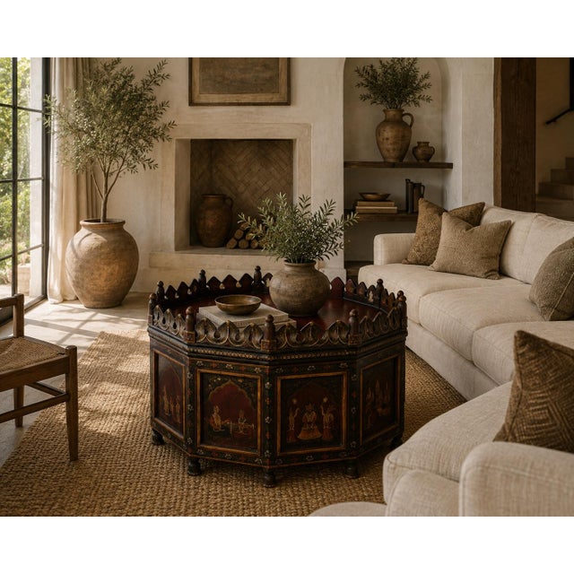 Exquisite rare Anglo Raj Indian hand-painted teak coffee table. Top is red wine color, dark green and yellow tones. Solid...