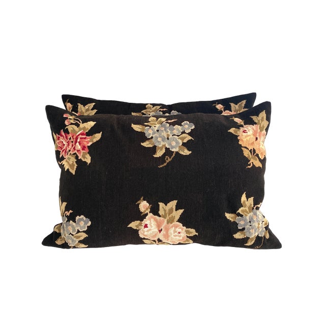 Very large custom pillows featuring a vintage hand-stitched wool needlepoint tapestry face and a cotton twill back with...