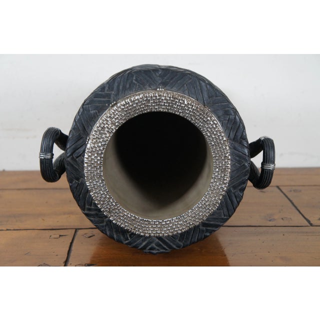 Metal Late 20th Century Black & Silver Basketweave Handled Footed Flower Urn Centerpiece Vase For Sale - Image 7 of 12