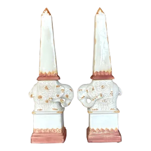 Vintage Boho Glazed Terra Cotta Elephant Obelisks - a Pair