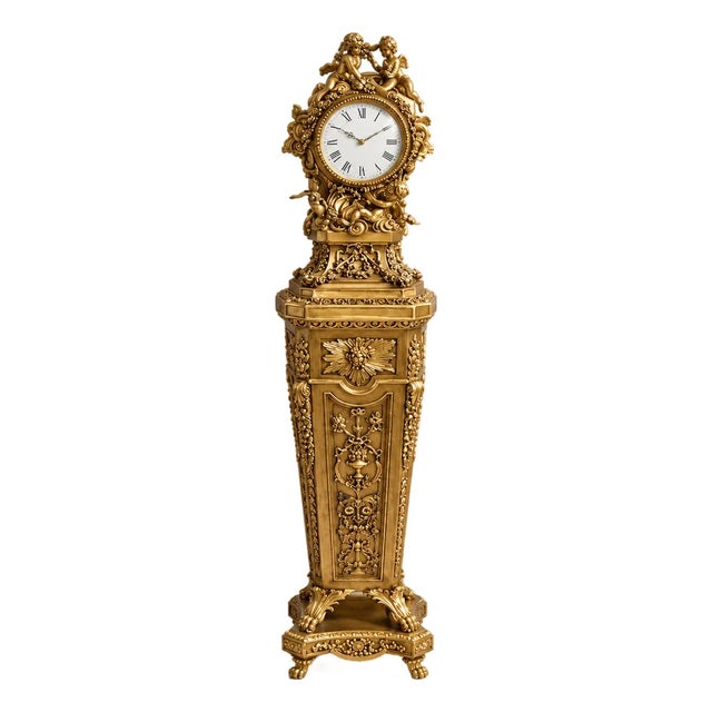 Grand French Louis XVI-Inspired Pedestal Clock – Ornate Gold Leaf Finish, Bronze Details & Sculpted Cherub Crest For Sale