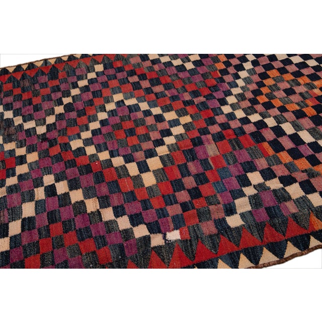 Textile Vintage Kilim Handmade Flatweave Geometric Purple Wool Runner For Sale - Image 7 of 9