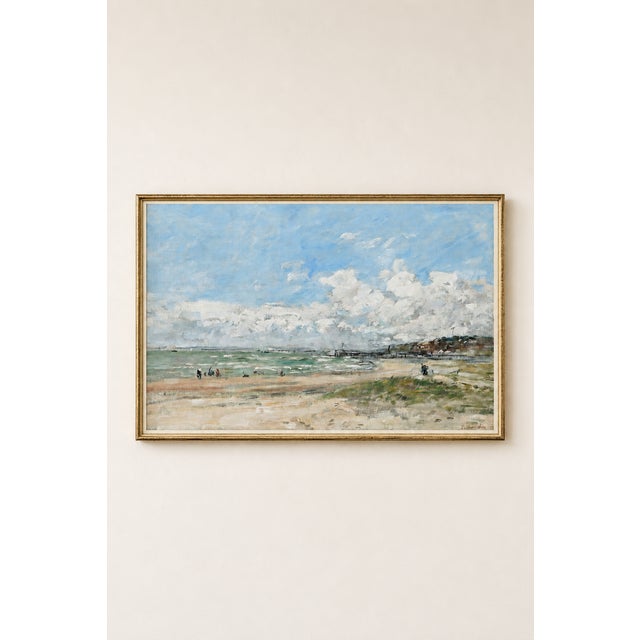 Vintage French beach art print by Eugène Boudin featuring the Deauville coast, luminous blue skies, and an atmospheric...