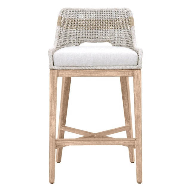 Wood Tapestry Grey Mahogany Barstool, Taupe Stripe & Taupe/White Rope For Sale - Image 7 of 7
