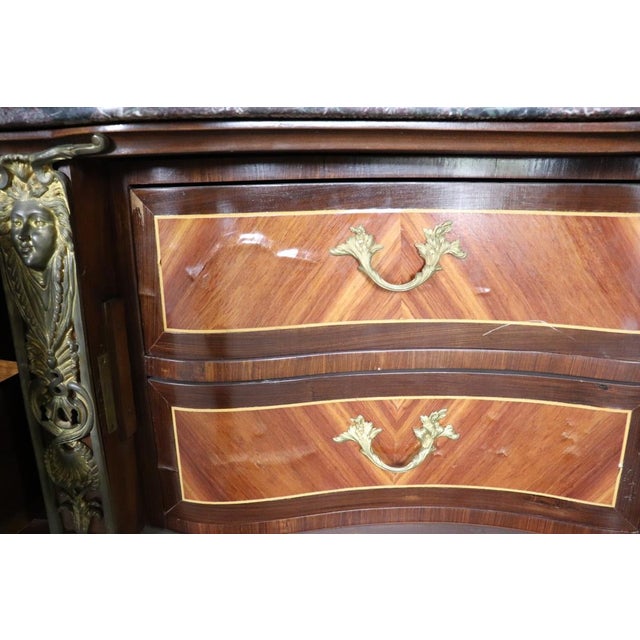 Brown 1920s Monumental Grand Inlaid Bronze Mounted French Louis XV Style Marble Top Commode For Sale - Image 8 of 15