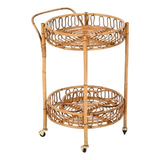 French Riviera Round Serving Bar Cart in Rattan and Wicker, Italy, 1960s For Sale