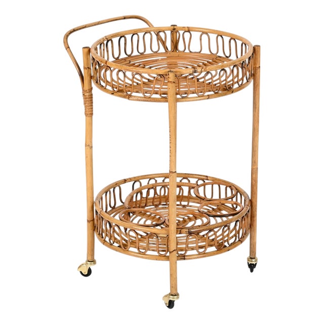 French Riviera Round Serving Bar Cart in Rattan and Wicker, Italy, 1960s For Sale