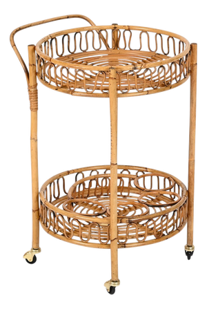French Riviera Round Serving Bar Cart in Rattan and Wicker, Italy, 1960s