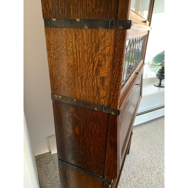 Antique Globe Wernicke Barrister Bookcase Quartersawn Oak W/ Drop Front Secretary Desk + Leaded Glass For Sale - Image 11 of 18