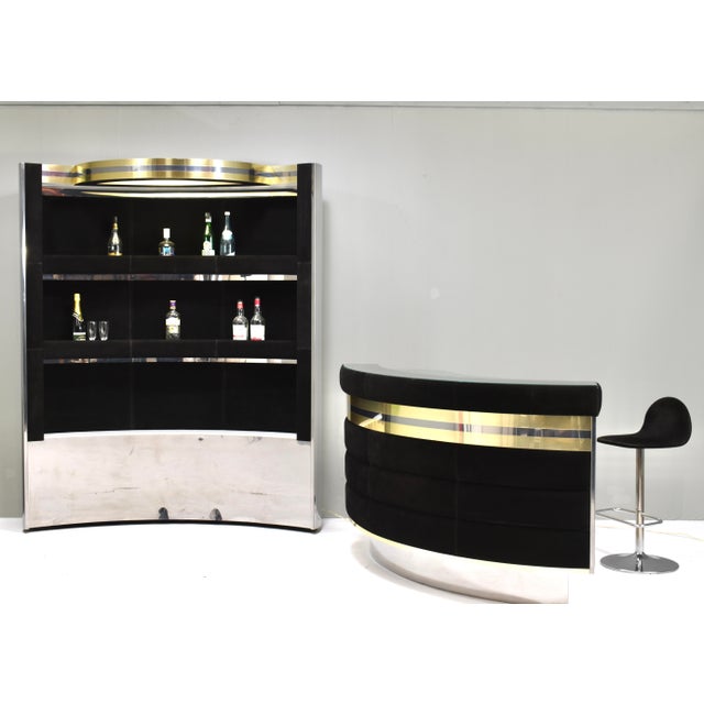 1970s Hollywood Regency Bar in Black Suede, Brass and Chrome, 1970s For Sale - Image 5 of 18