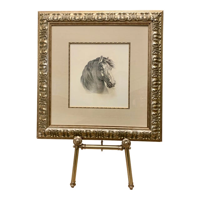 Brazilian Framed Horse Print and Vintage Brass Easel For Sale