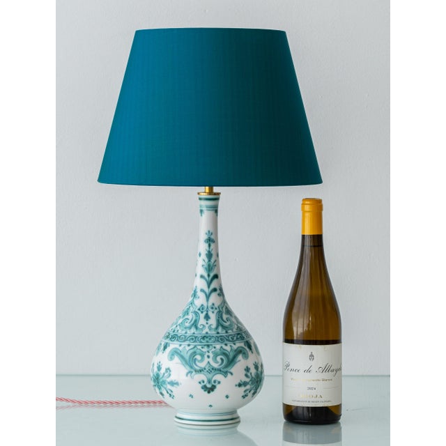 Vintage Royal Delft Teal Hand-Painted Ceramic Table Lamp with New Peacock Blue Dupion Silk Shade, Delvert Series, 1970s For Sale - Image 3 of 13