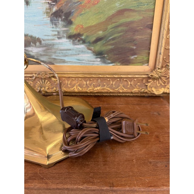 Antique Arts and Crafts Brass and Slag Stained Glass Lamp c.1910 by Salo Metal Arts Company For Sale - Image 9 of 11