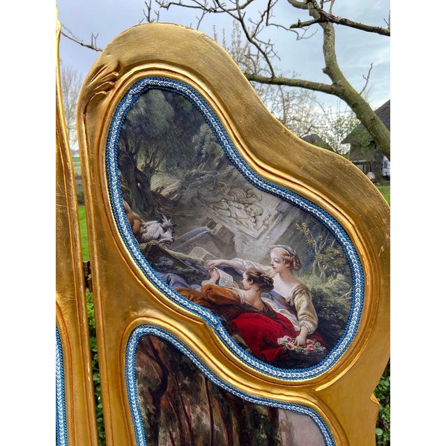 Late 20thC French Louis XVI Gold Beech Room Divider Screen - 3 Panels For Sale - Image 17 of 18