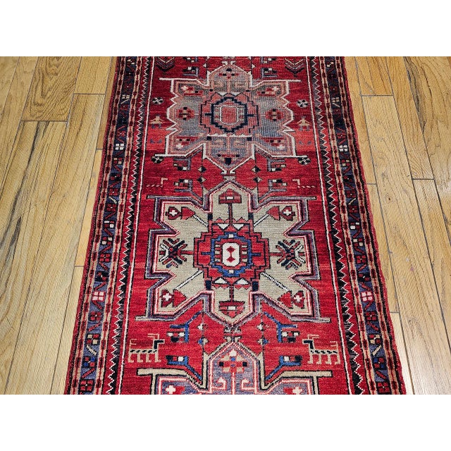 Vintage Persian Heriz Runner, Hand-Knotted Wool, Geometric Pattern, Red & Green, 3x10 For Sale - Image 17 of 18