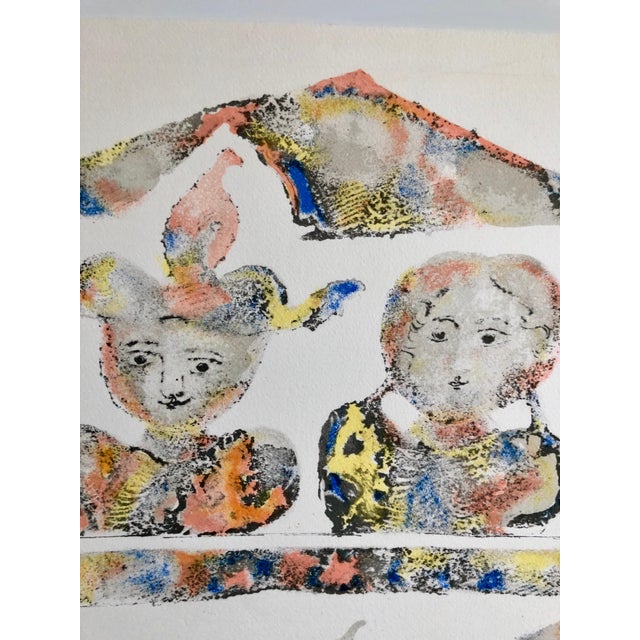 Sakti Burman, Contemporary Indian Art Master Lithograph in Color Abstract Figures with Cat, c.1960's For Sale - Image 4 of 6