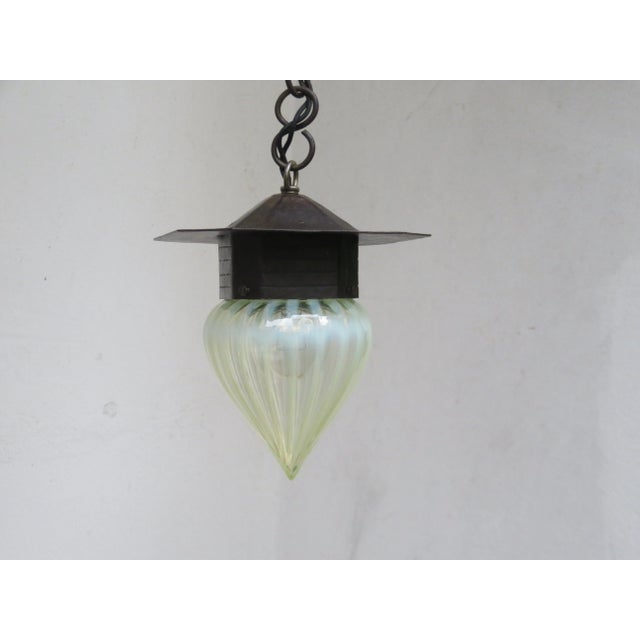 Small Antique Art Nouveau Wrought Iron and Glass Ceiling Lamp For Sale - Image 4 of 18