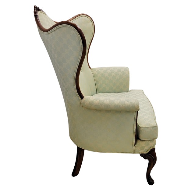 Vintage French Louis XV Style Carved Wood Wingback Bergère Chairs in Pale Green Damask – Pair For Sale - Image 9 of 12