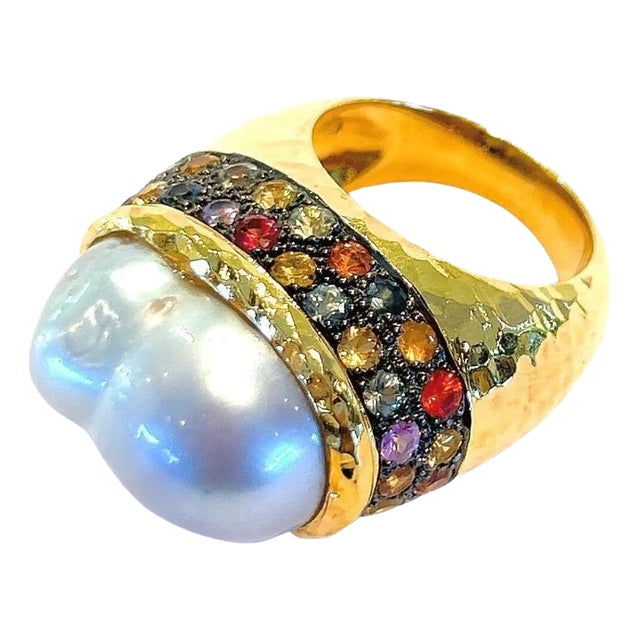 Bochic “Orient” Vintage Retro Pearl & Multi Sapphire Ring Set 18K Gold & Silver For Sale