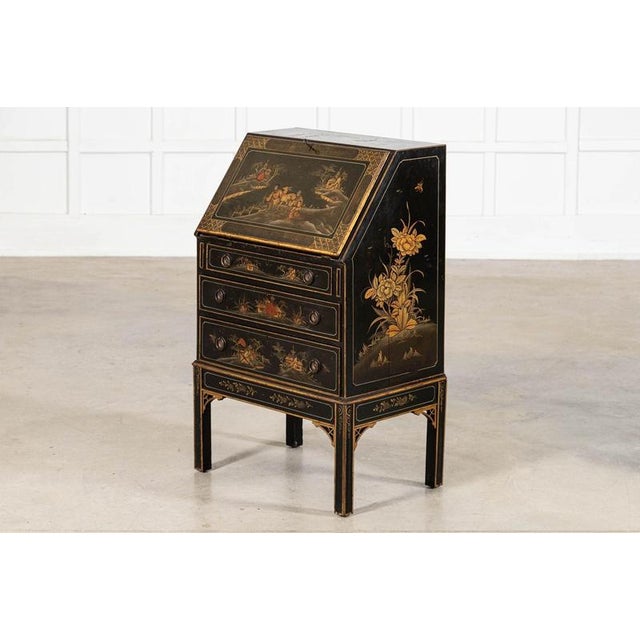English Mahogany Chinoiserie Bureau Writing Desk, 1880s For Sale - Image 3 of 18